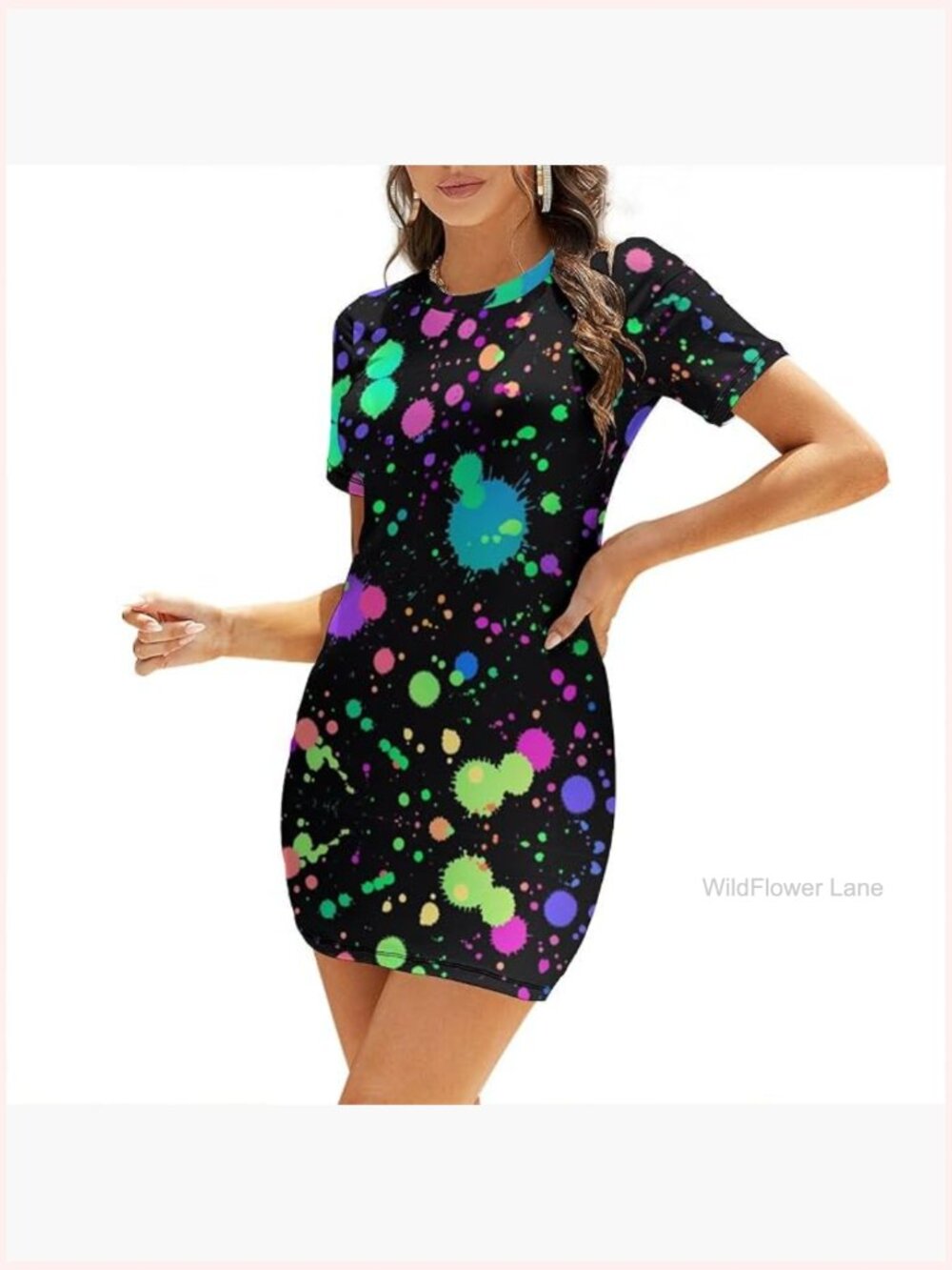 Glow in Dark Splatter Neon Rainbow Women's Short Sleeve Midi Bodycon Dress